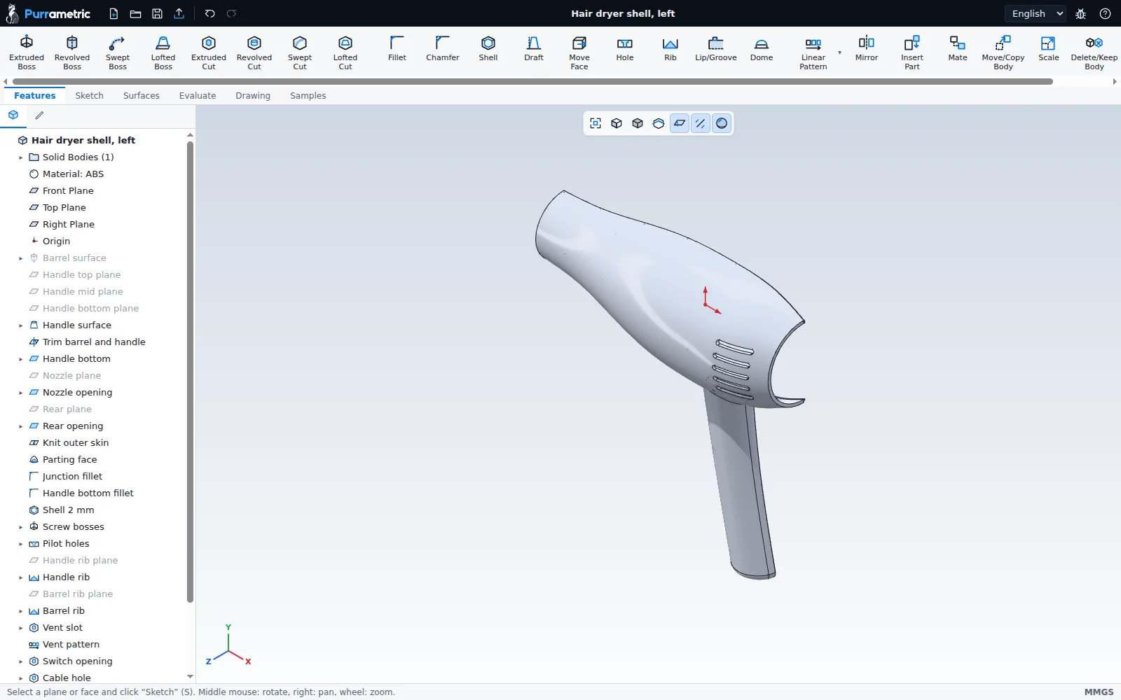 The modelling workspace with the hair dryer shell